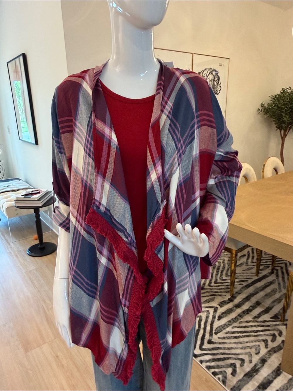 Colleen Lopez Multi Burgundy Plaid Ling Sleeve Duster